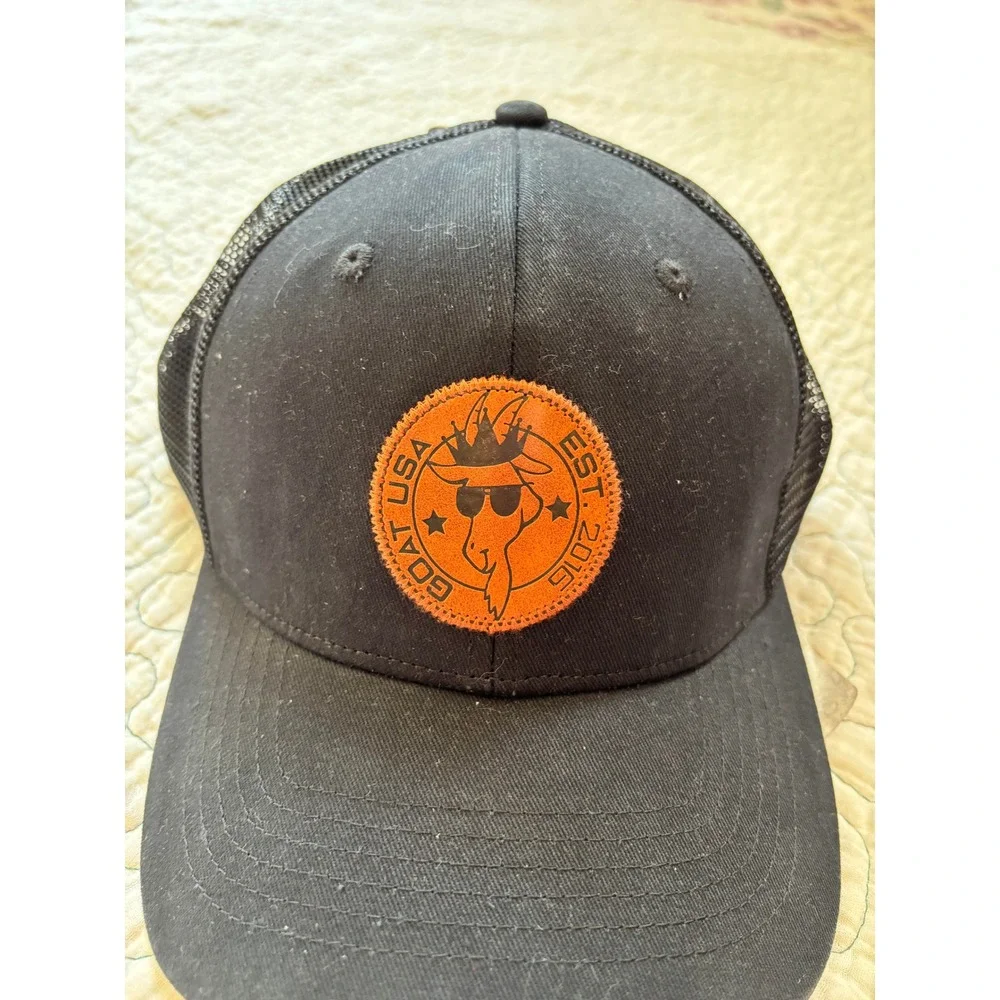 GOAT USA Mens Black Trucker Hat Orange Logo Patch Snapback Cap OSFA